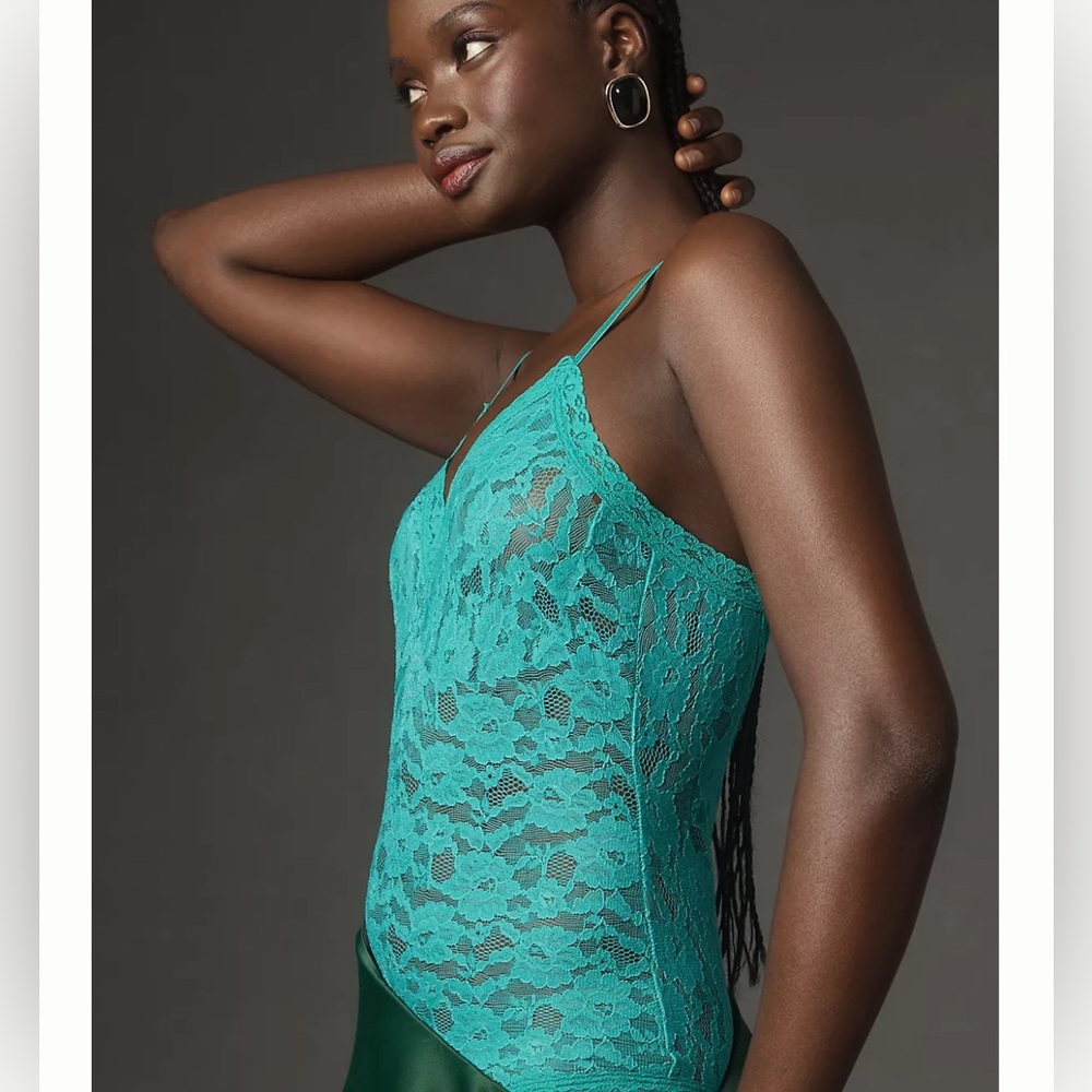 By Anthropologie V-Neck Sheer Lace Bodysuit- Turquoise